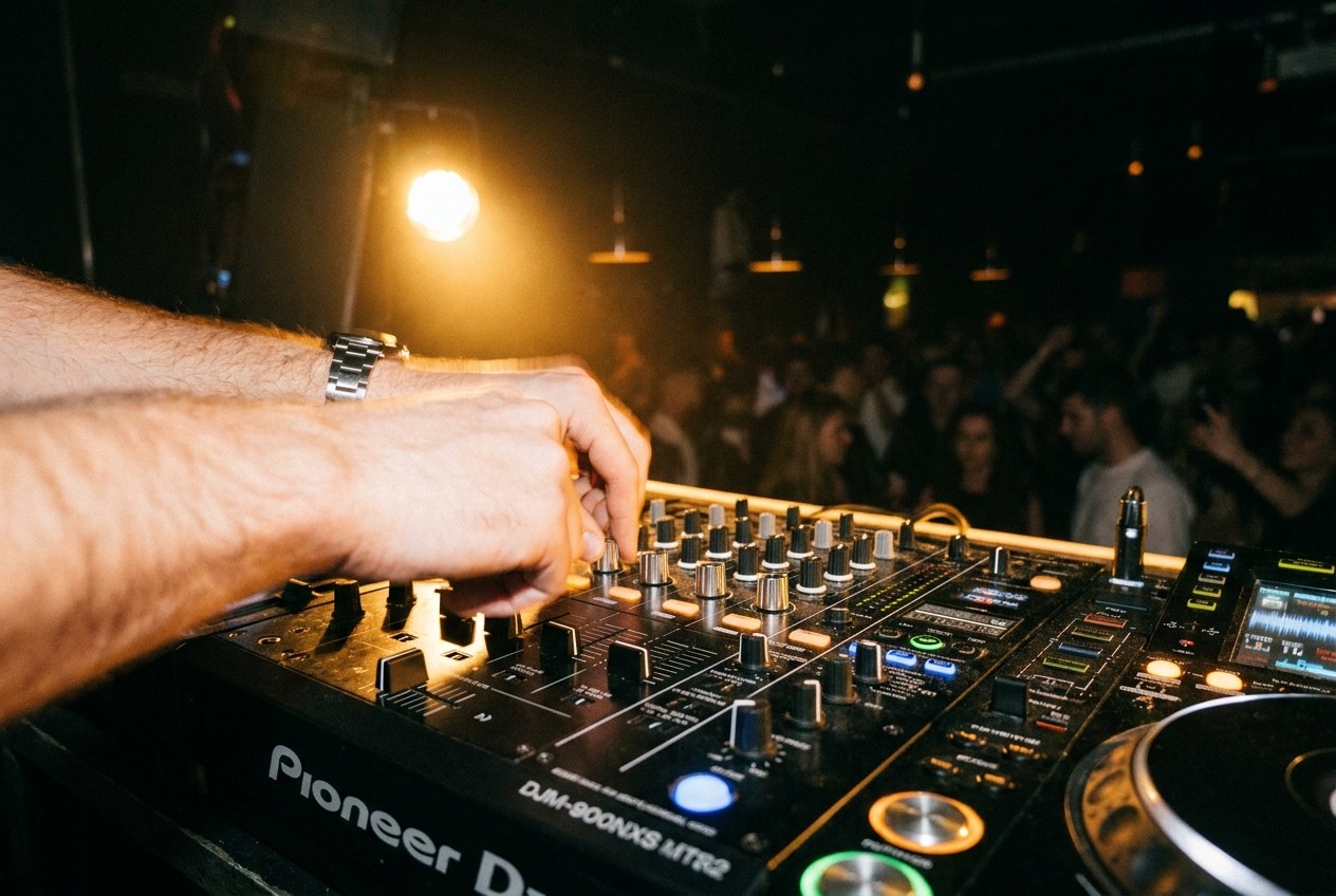 Kono Vidovic at the DJ mixer, close-up of hands on equipment in warm amber light
